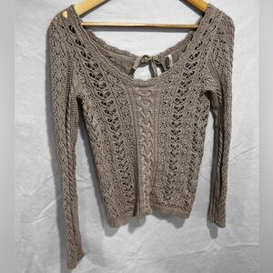 Free People Crotchet Open Back Bow Sweater, Beige/Taupe Medium